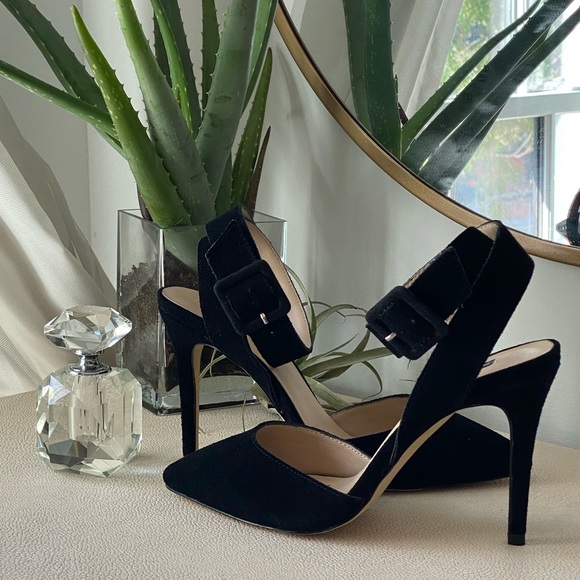 Lola Black Suede Buckle Pumps - Picture 1 of 12